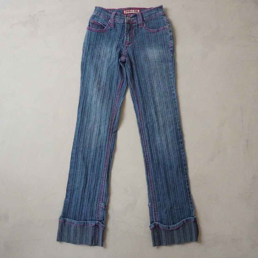 Vintage Vanilla Star Jeans 0 Womens Blue Pink Stitch Pintuck Pleated Flare Y2K
